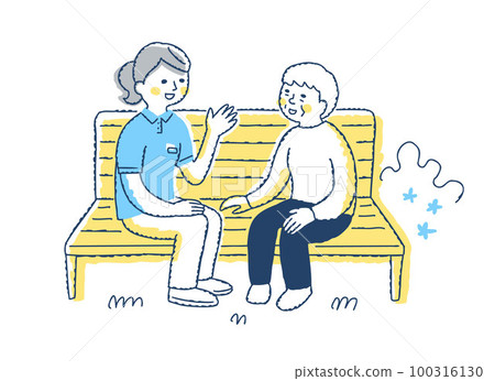 Senior woman and nursing staff sitting on a bench and talking Senior woman and nursing staff sitting on a bench and talking 100316130