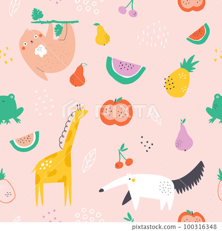 Seamless pattern with colorful exotic animals and fruits. Illustrations in a modern style for prints, clothing, packaging Seamless pattern with colorful exotic animals and fruits. Illustrations in a modern style for prints, clothing, packaging 100316348