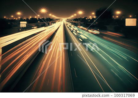 Speed Light Trails on City Streets, Street Night Lights, Road Glow, Abstract Generative AI Illustration Speed Light Trails on City Streets, Street Night Lights, Road Glow, Abstract Generative AI Illustration 100317069