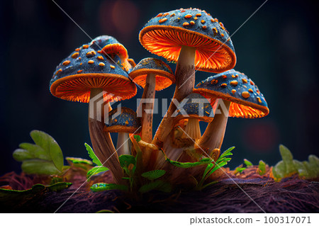 Fantastic Glowing Mushrooms, Neon Fungus, Magic Psychedelic Mushroom, Generative AI Illustration 100317071