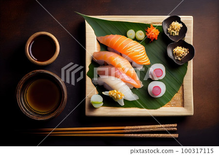 Sushi Nigiri on Dark Background, Japanese Seafood, Salmon Susi Abstract Generative AI Illustration Sushi Nigiri on Dark Background, Japanese Seafood, Salmon Susi Abstract Generative AI Illustration 100317115