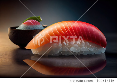 Sushi Nigiri on Dark Background, Japanese Seafood, Salmon Susi Abstract Generative AI Illustration 100317116