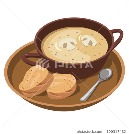 Mushroom soup puree. Mushroom puree soup on a tray with bread. Vector 100317482