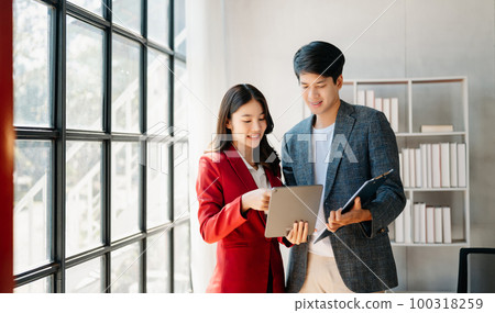 Female discussing new project with male colleague. Mature woman talking with young man in office. 100318259