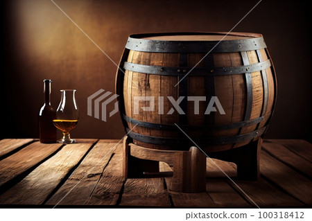 Wine Barrel in Winery Cellar, Old Whiskey, Alcohol Keg, Wine Barrel Mockup, Abstract Generative AI Illustration 100318412