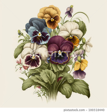 Pansy Flowers Botanical Illustration Isolated, Viola Flower on White Background, Abstract Generative AI Illustration 100318440