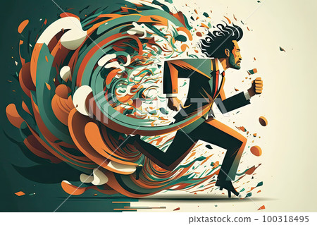 Running Businessman Drawing, Way to Success, Escaping, Busy Business Man Run, Abstract Generative AI Illustration 100318495