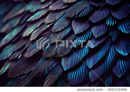 Blue Color Feathers Background, Colored Plumage with a Rainbow Tint, Generative Ai Illustration 100318496
