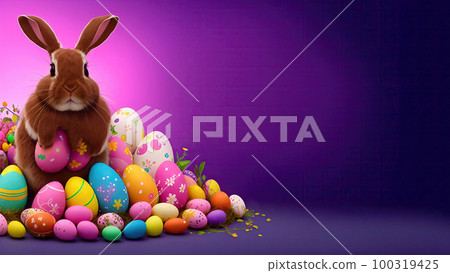 banner with Easter bunny with colorful eggs on colorful background, happy easter. Generative AI. 100319425
