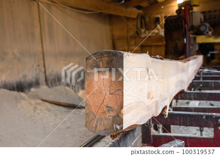 Woodworking sawmill. Cutting pine logs on the sawmill processing. Woodworking sawmill. Cutting pine logs on the sawmill processing. 100319537