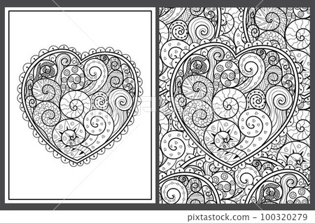 Hand drawn doodle heart coloring pages set in US Letter format. Black and white patterns 100320279