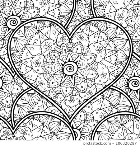 Floral heart mandala black and white seamless pattern for coloring book. Love doodle background Floral heart mandala black and white seamless pattern for coloring book. Love doodle background 100320287
