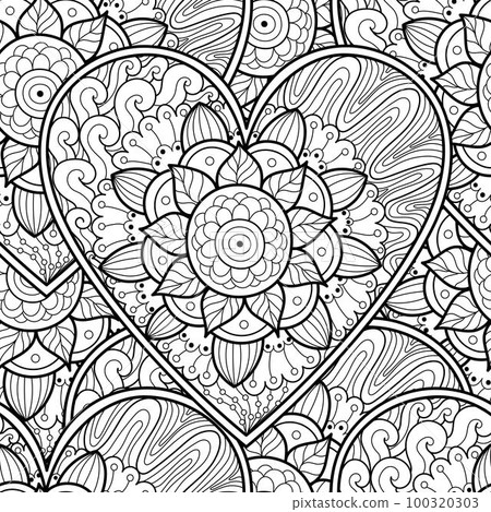 Cute floral heart mandala black and white seamless pattern for coloring book Cute floral heart mandala black and white seamless pattern for coloring book 100320303
