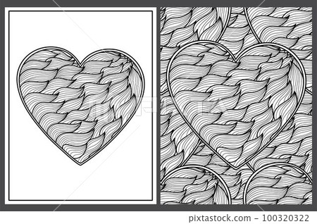 Heart mandala coloring pages set in US Letter format. Black and white love patterns 100320322