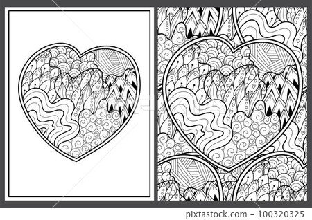 Cute zentangle floral heart coloring pages set in US Letter format. Black and white love patterns Cute zentangle floral heart coloring pages set in US Letter format. Black and white love patterns 100320325