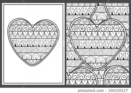 Hand drawn doodle heart coloring pages set in US Letter format. Black and white Valentines Day patterns 100320327