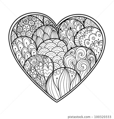 Hand drawn doodle heart coloring page. Black and white Valentines Day pattern for coloring book 100320333