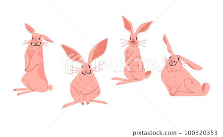 Hand drawn abstract vector graphic clipart illustration collection with pink adorable cute,cartoon bunny characters.Trendy kids modern design concept.Vector contemporary New Year and Easter symbol. 100320353