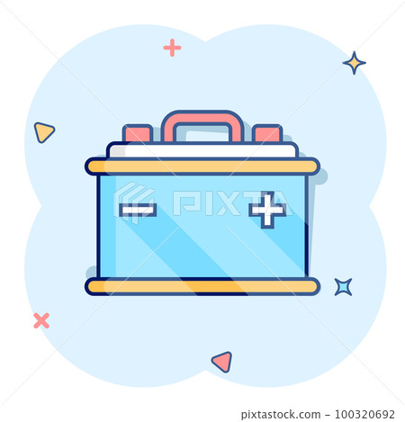 Vector cartoon car battery sign icon in comic style. Energy power sign illustration pictogram. Auto accumulator business splash effect concept. 100320692