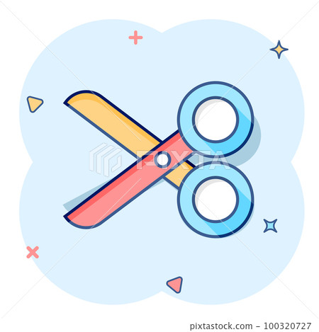 Vector cartoon scissors icon in comic style. Scissor sign illustration pictogram. Shear business splash effect concept. Vector cartoon scissors icon in comic style. Scissor sign illustration pictogram. Shear business splash effect concept. 100320727