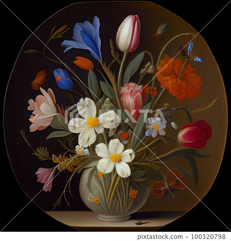 Still Life Flowers Vintage Oil Painting, Flower Bouquet in Old Vase, Abstract Generative Ai Illustration Still Life Flowers Vintage Oil Painting, Flower Bouquet in Old Vase, Abstract Generative Ai Illustration 100320798
