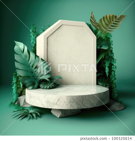 Stone Podium, Product Display Platform, Green Leaves Background, Rock Pedestal Generative AI Illustration 100320814
