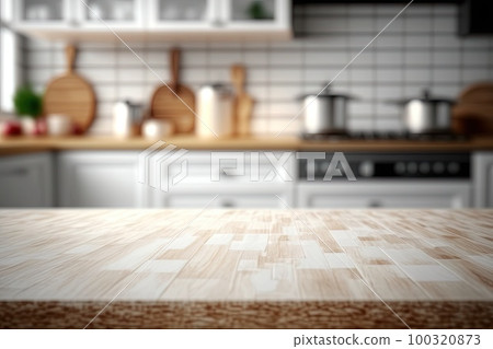 Light Wood Table on Blurred Kitchen Background, Modern Wooden Table Mockup for Montage Product Display, Generative AI Illustration 100320873
