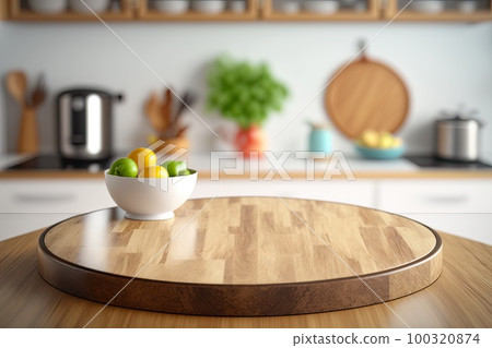 Light Wood Table on Blurred Kitchen Background, Modern Wooden Table Mockup for Montage Product Display, Generative AI Illustration 100320874