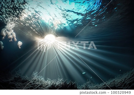 Underwater Sun Rays, Deep Water Sunlight, Under Sea Sunbeams Background, Abstract Generative AI Illustration Underwater Sun Rays, Deep Water Sunlight, Under Sea Sunbeams Background, Abstract Generative AI Illustration 100320949