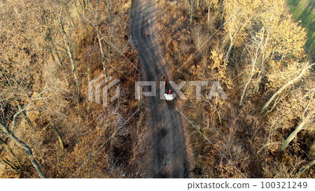People riding in cart carriage with sacks and horses driving along dirt country road between trees without leaves on autumn sunny day. Rural countryside landscape, country scenery. Aerial drone view People riding in cart carriage with sacks and horses driving along dirt country road between trees without leaves on autumn sunny day. Rural countryside landscape, country scenery. Aerial drone view 100321249