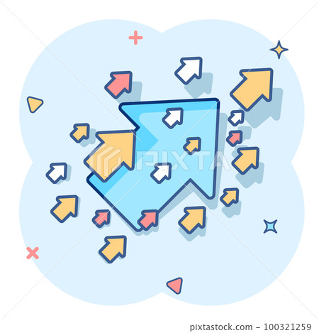 Vector cartoon arrow up icon in comic style. Forward arrow sign illustration pictogram. Cursor business splash effect concept. Vector cartoon arrow up icon in comic style. Forward arrow sign illustration pictogram. Cursor business splash effect concept. 100321259