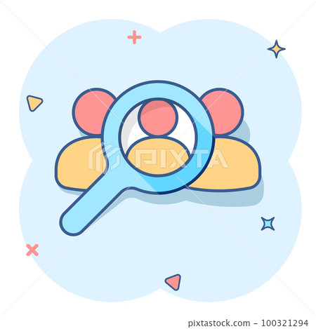 Vector cartoon search for employees and job icon in comic style. Human resource concept illustration pictogram. Focus group, public relations business splash effect concept. Vector cartoon search for employees and job icon in comic style. Human resource concept illustration pictogram. Focus group, public relations business splash effect concept. 100321294