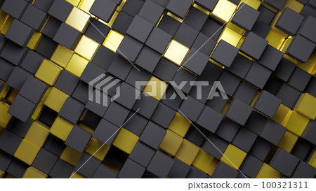 3d rendering abstract background of randomly positioned black and golden cubes. 100321311