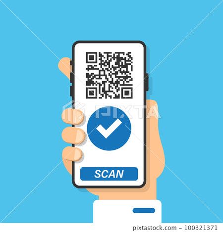 QR code scan icon in flat style. Mobile phone scanning vector illustration on isolated background. Barcode reader sign business concept. 100321371