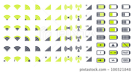 Mobile phone indicators. Smartphone wifi and battery icons, 5G and wifi signal strength, battery charge levels flat vector illustration set. Network wireless symbols Mobile phone indicators. Smartphone wifi and battery icons, 5G and wifi signal strength, battery charge levels flat vector illustration set. Network wireless symbols 100321848