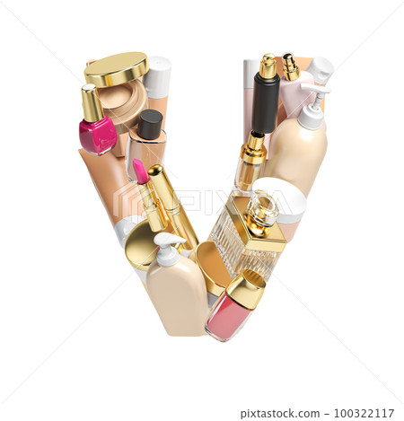 Letter V. Alphabet from cosmetics, make up and beauty products isolated on white. Letter V. Alphabet from cosmetics, make up and beauty products isolated on white. 100322117