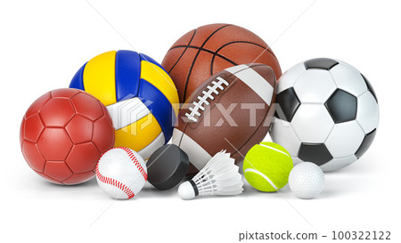 Different sport balls and equipment. Soccer, ffotball, basketball, handball rugby and volleyball balls, hockey puck and badminton shuttlecock isolated on white. 100322122