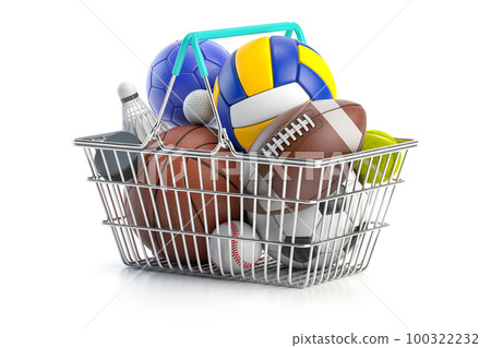 Shopping basket with different sport balls. Buying and sliing, e-commerce of sport accesoires concept. 100322232