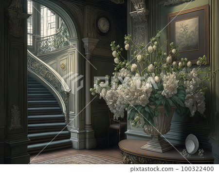 Flowers in Old Castle Interior, Vintage Victorian Hall with Flower Vase, Royal Villa, Abstract Generative AI Illustration 100322400