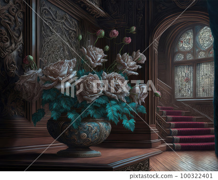 Flowers in Old Castle Interior, Vintage Victorian Hall with Flower Vase, Royal Villa, Abstract Generative AI Illustration 100322401