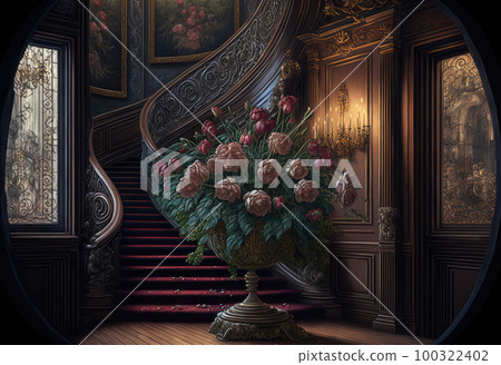 Flowers in Old Castle Interior, Vintage Victorian Hall with Flower Vase, Royal Villa, Abstract Generative AI Illustration 100322402