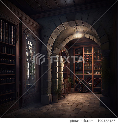 Wine Cellar, Old Winery Storage, Oak Barrels Warehouse, Vintage Bottles Basement, Generative AI Illustration Wine Cellar, Old Winery Storage, Oak Barrels Warehouse, Vintage Bottles Basement, Generative AI Illustration 100322427