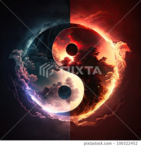 Yin Yang Harmony Symbol Made of Natural Elements, Fire Water Ying Yang, Abstract Generative AI Illustration Yin Yang Harmony Symbol Made of Natural Elements, Fire Water Ying Yang, Abstract Generative AI Illustration 100322452