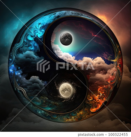 Yin Yang Harmony Symbol Made of Natural Elements, Fire Water Ying Yang, Abstract Generative AI Illustration Yin Yang Harmony Symbol Made of Natural Elements, Fire Water Ying Yang, Abstract Generative AI Illustration 100322455