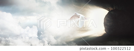 Jesus Christ crucifixion death and resurrection and easter dove flying out of a stone tomb concept Jesus Christ crucifixion death and resurrection and easter dove flying out of a stone tomb concept 100322512