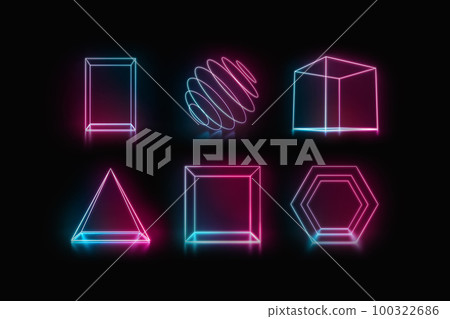 Colored neon glowing frame stand in darkness, different types Colored neon glowing frame stand in darkness, different types 100322686