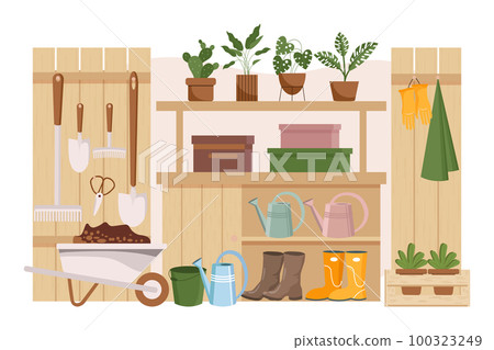 Gardening room, interior. Garden tools, farm clothes, boots, gloves, wheelbarrow and plants on the shelves. Illustration, vector. 100323249