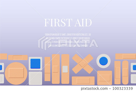 Banner about first aid with medical plasters seamless border flat style Banner about first aid with medical plasters seamless border flat style 100323339