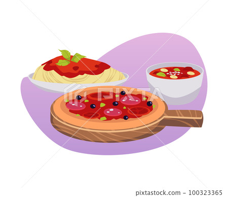 Pizza, pasta and minestrone Italian food flat style 100323365