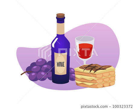 Italian food composition - red wine, grapes and tiramisu cake, flat vector illustration isolated on white background. 100323372